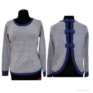 Knit Bow Sweater Blue White Small Girly Nautical Parisian Preppy Holiday Coastal